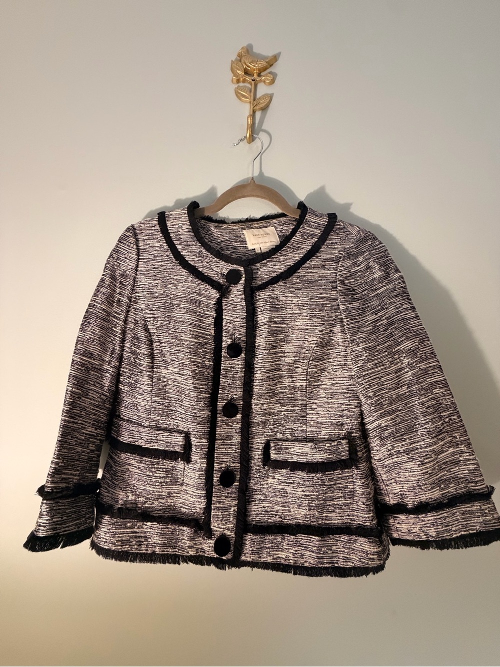 Kate Spade Black White Tweed Fringe Cropped Jacket Blazer Size 6